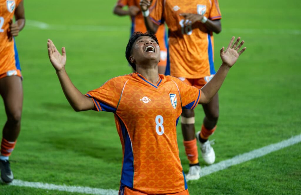 Sanfida Nongrum celebrating after scoring