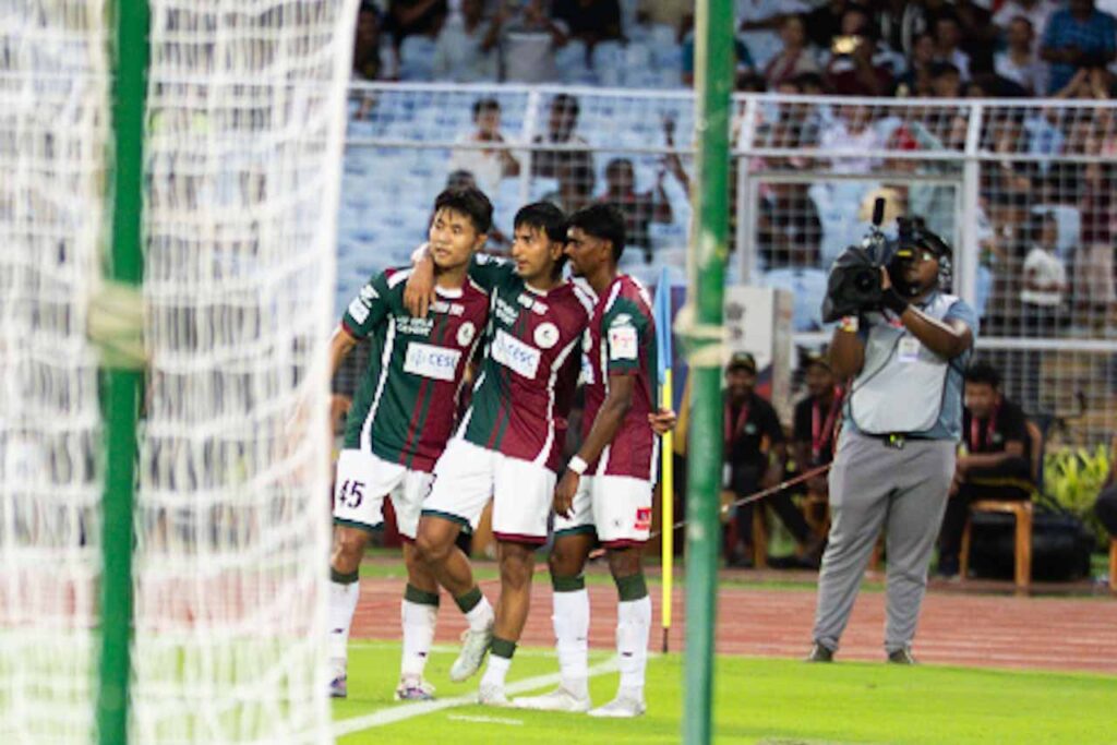 Salah celebrating his Durand Cup 2026 goal against East Bengal with Mohun Bagan team mates