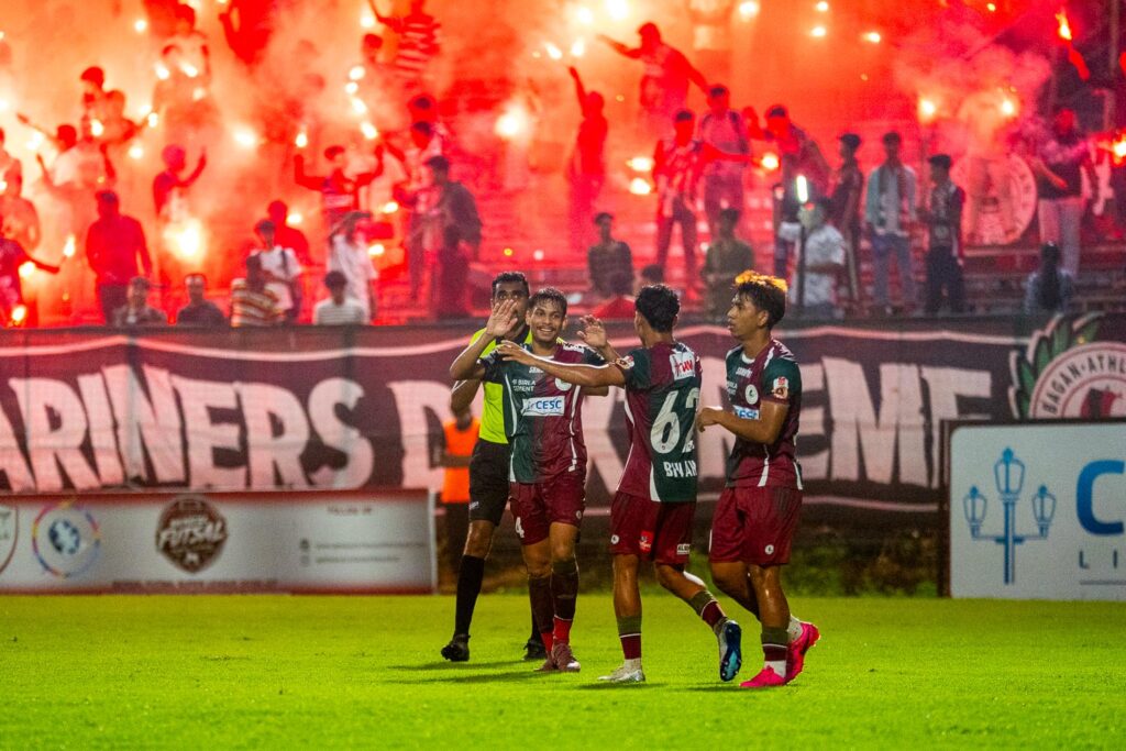 Sayan Banerjee celebrating his goal with mohun Bagan team mates