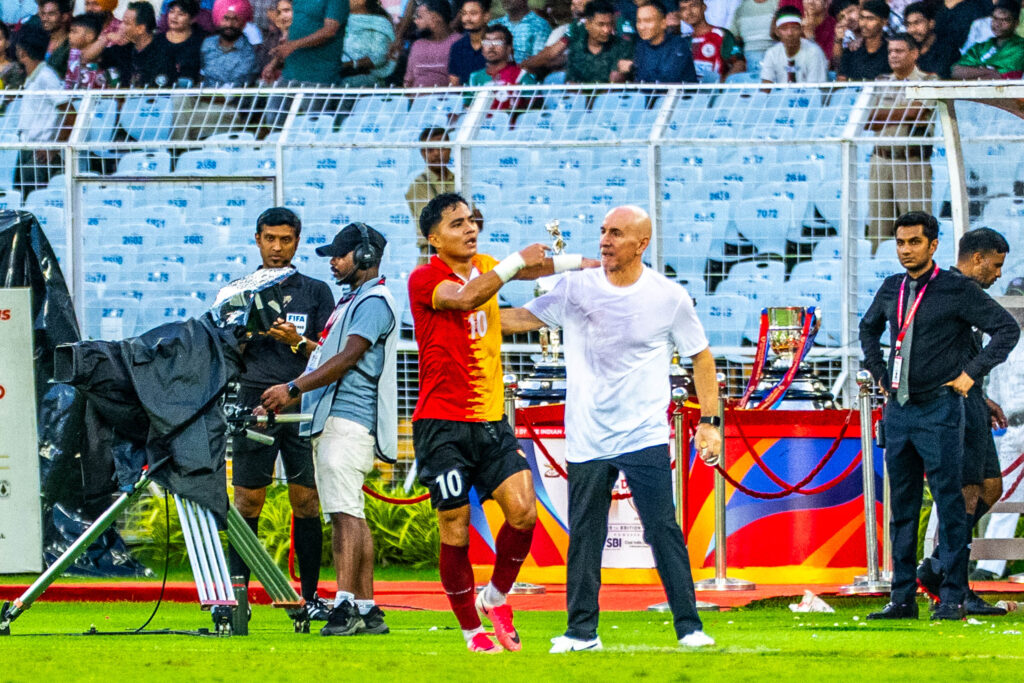 Edmind of East Bengal celebrating his hat-trick against Mohun Bagan with coach Habas. Durand Cup 2026 final