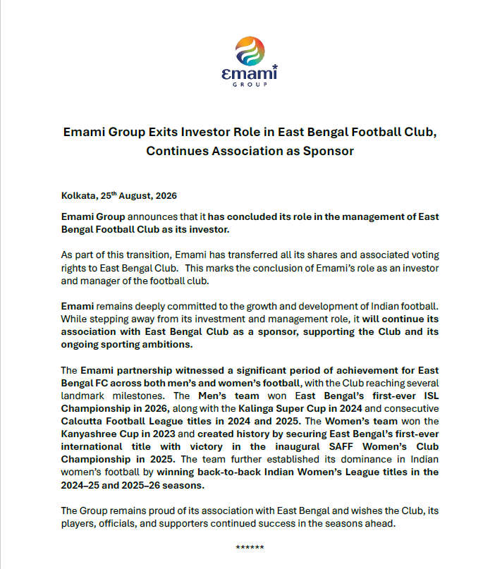 Statement from Emami as end of investor from East Bengal