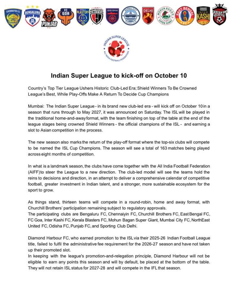 Press Release - ISL Starts 10th Oct