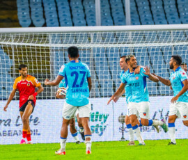 Herrera of FC Goa celebrating after scorinr third goal against East Bengal FC in ISL 2024-25