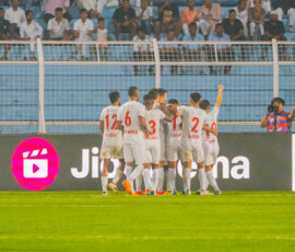 Picture by Kunal Mukherjee NorthEast United FC after scoring goal against Mohammedan SC in ISL 2024-25