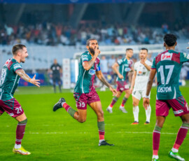 Subhasish Bose of Mohun Bagan SG celebrating scoring against Mohammedan SC in ISL 2024-25