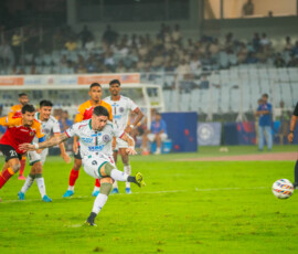 Petratos of Mohun Bagan SG taking penalty kick against East Bengal in ISL 2024-25