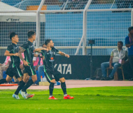 Kasimov of Mohammedan SC celebrating after scoring from penalty against Kerala Blasters