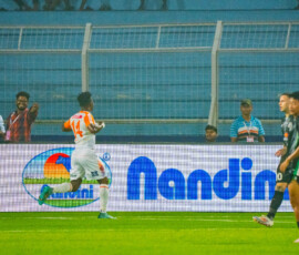 Peprah of Kerala Blasters celebrating after scoring against Mohammedan SC