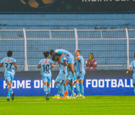 Hyderabad FC players celebrating after scoring goal against Mohammedan SC