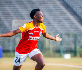 Resty Nanziri of East Bengal celebrating after scoring against Kickstart in IWL 2024-25