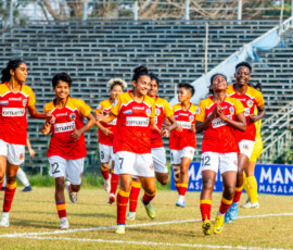 Sandhiya and other East Bengal FC's players celebrating after scoring against Kickstart FC in IWL 2024-25