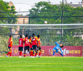 Free Kick taken by Sandra Atinga of Sribhumi FC going into the nets of East Bengal FC