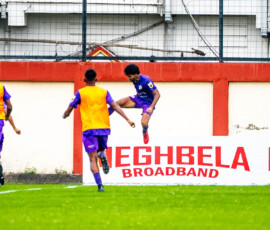 David Motla of Mamoni Patha Chakra celebrating after scoring against East Bengal in CFl 2025