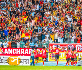 East Bengal FC players celebrating after scoring the 1st goal