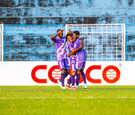 Amit Basak celebrating his goal against Gokulam Kerala with United Sports teammates