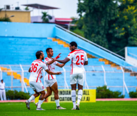 Lamine Moro of Namdhari celebrating his goal against Sreenidi Deccan with team mates