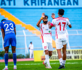 Bhupinder Singh of Namdhari after scoring a goal