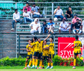 NBP Rainbow celebrating their goal against Mohammedan SC