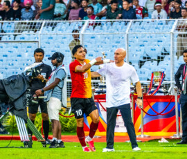 Edmind of East Bengal celebrating his hat-trick against Mohun Bagan with coach Habas. Durand Cup 2026 final